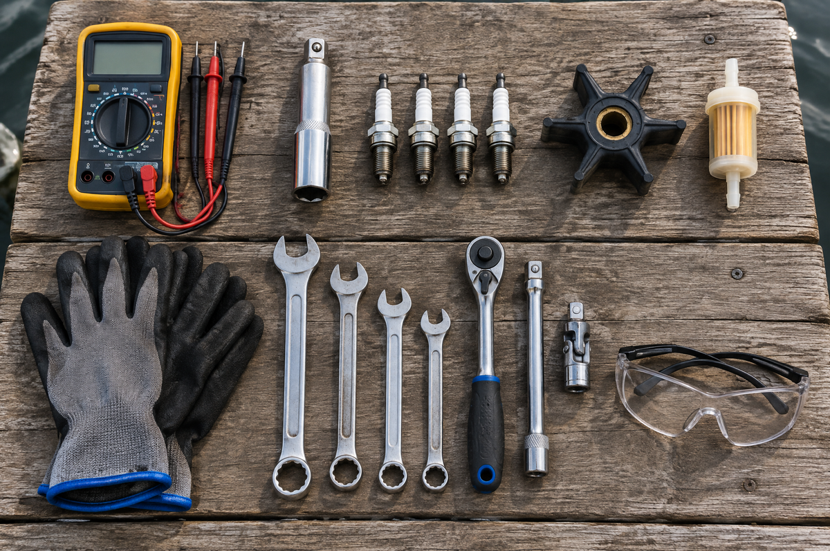 Boat and outboard repair tools on a dock