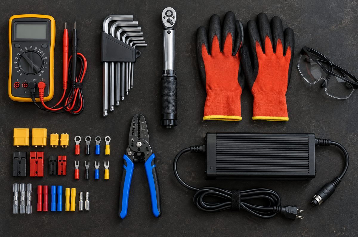 E-bike repair tools and multimeter
