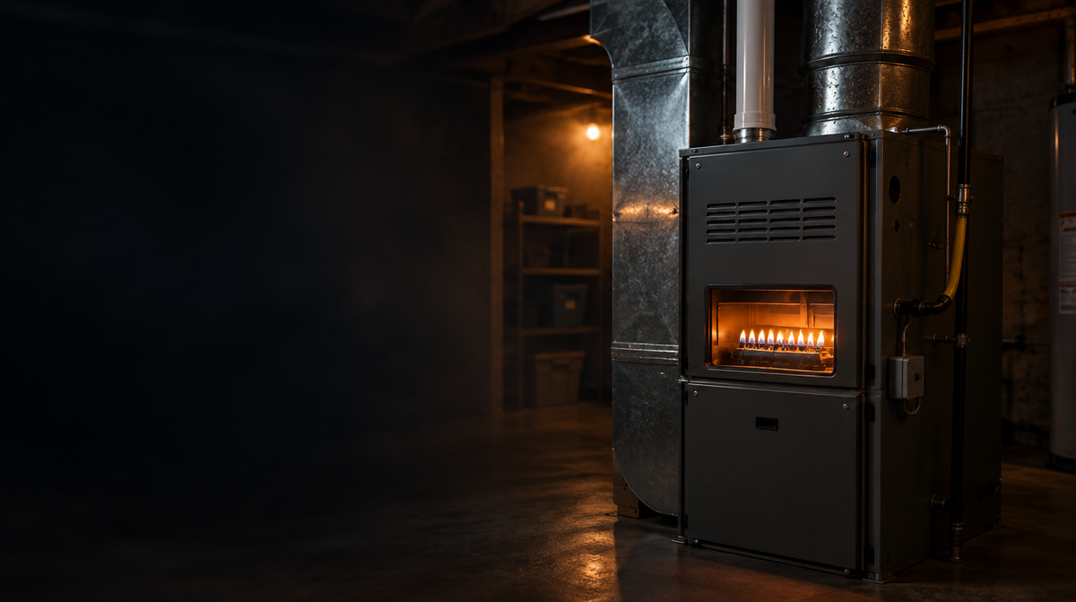Gas furnace in a basement utility room
