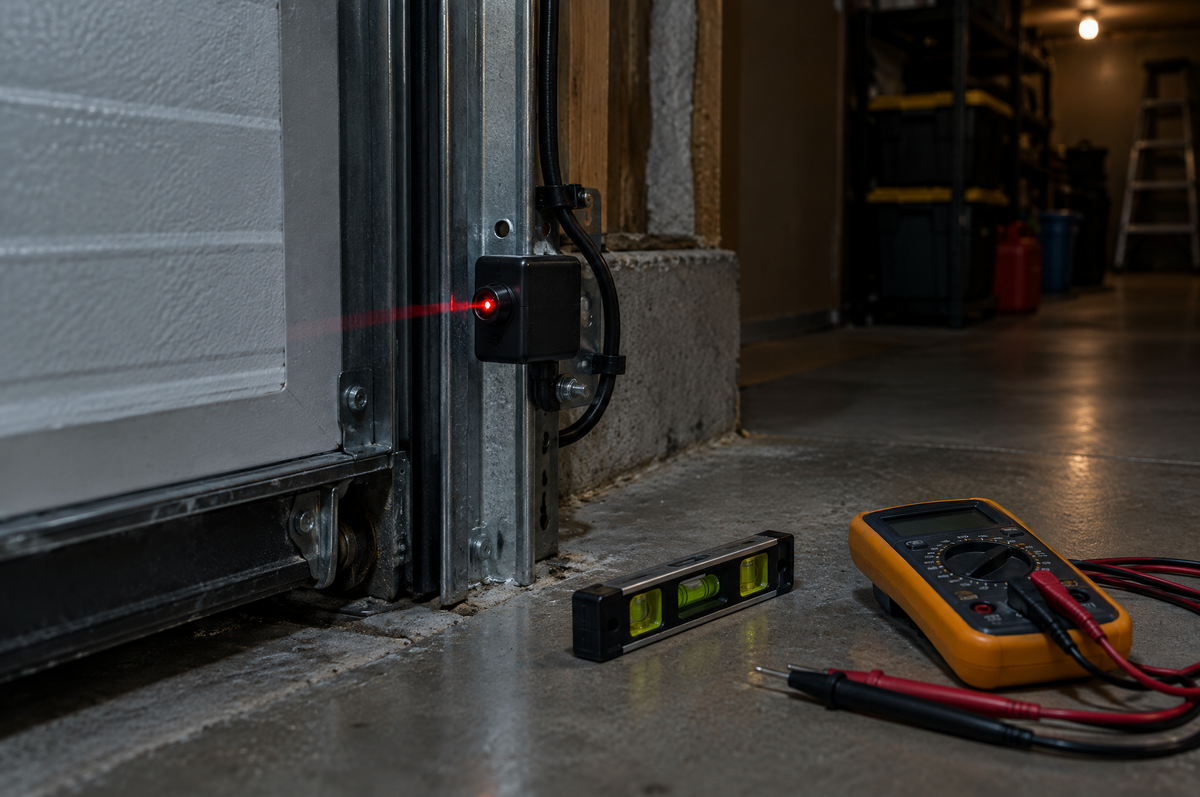 Garage door safety sensor with level and multimeter
