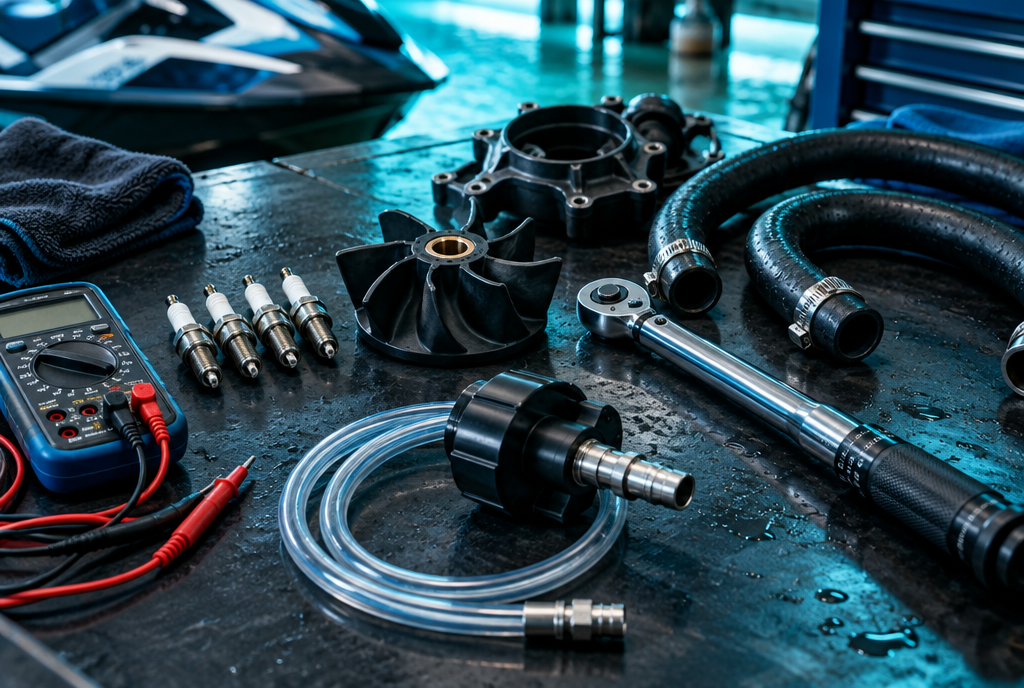 Jet ski repair tools on a workbench