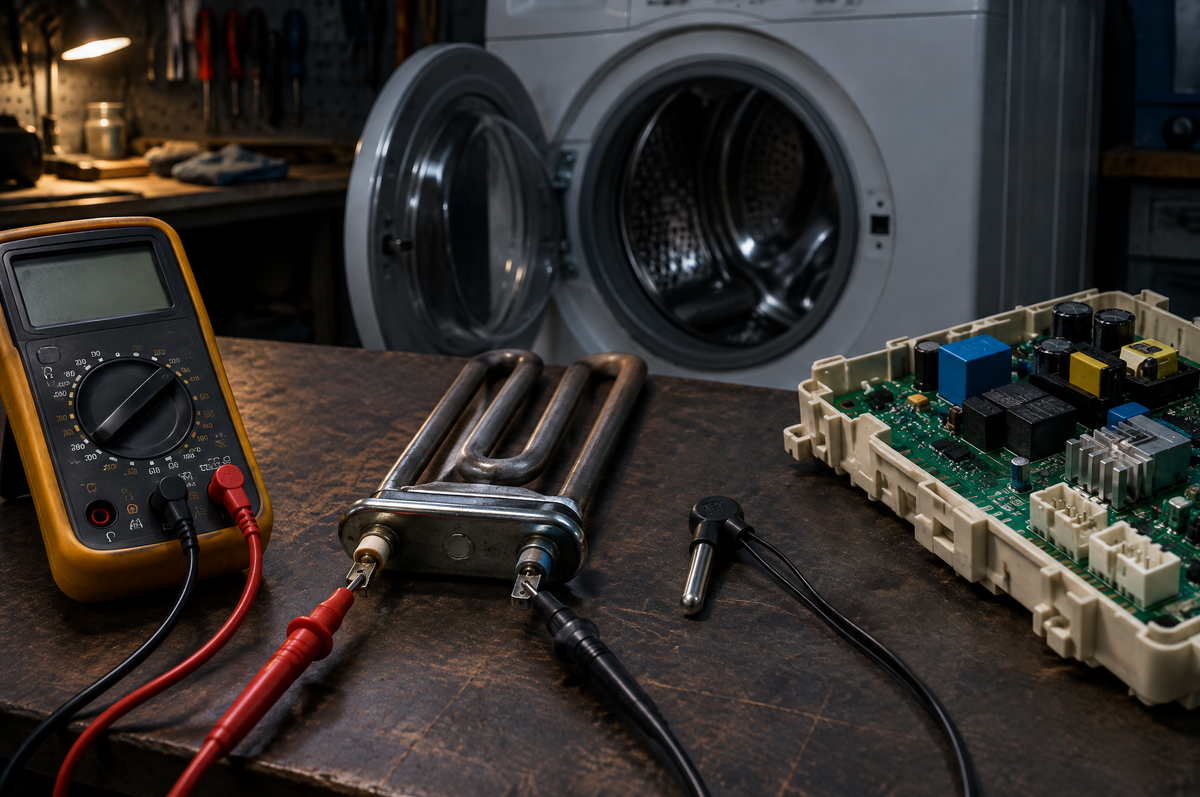 Multimeter testing a heating element and thermistor