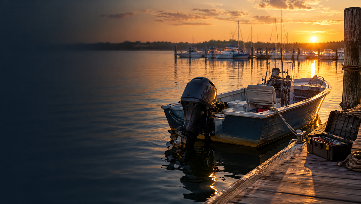 Fishing boat with outboard motor at a marina