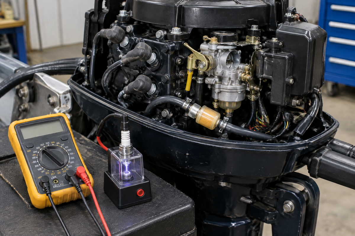 Multimeter and spark plug tester beside an outboard motor