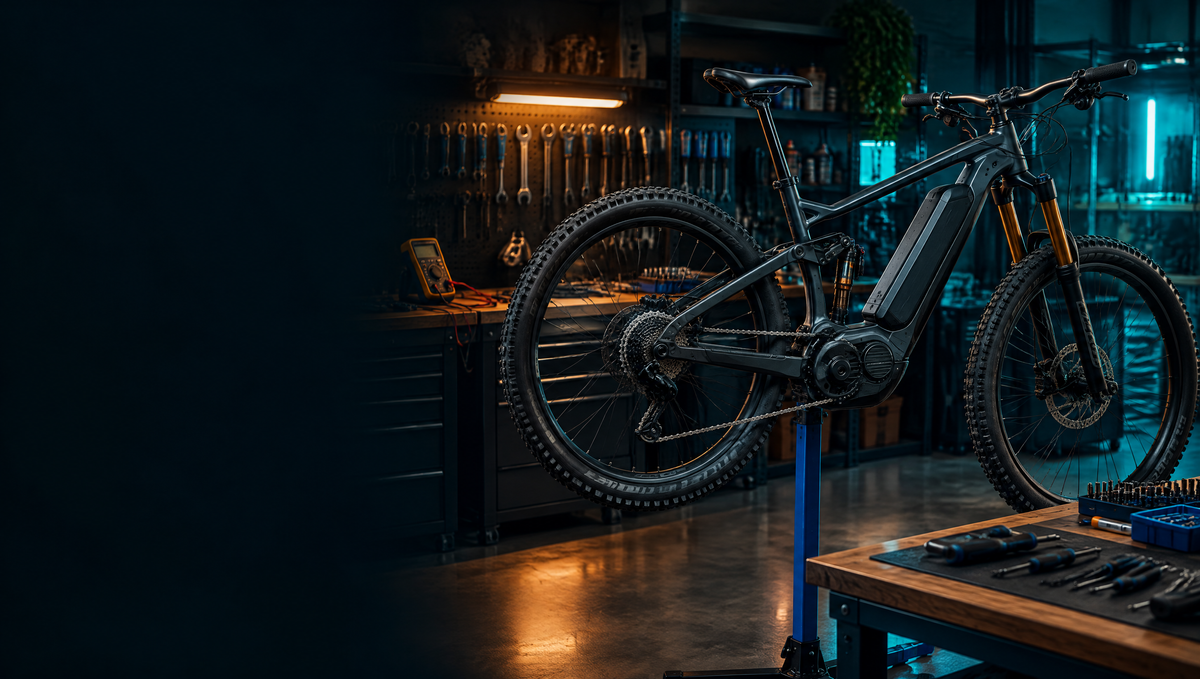 E-bike on a repair stand in a workshop