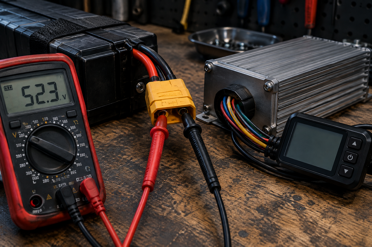 Multimeter testing an e-bike battery connector