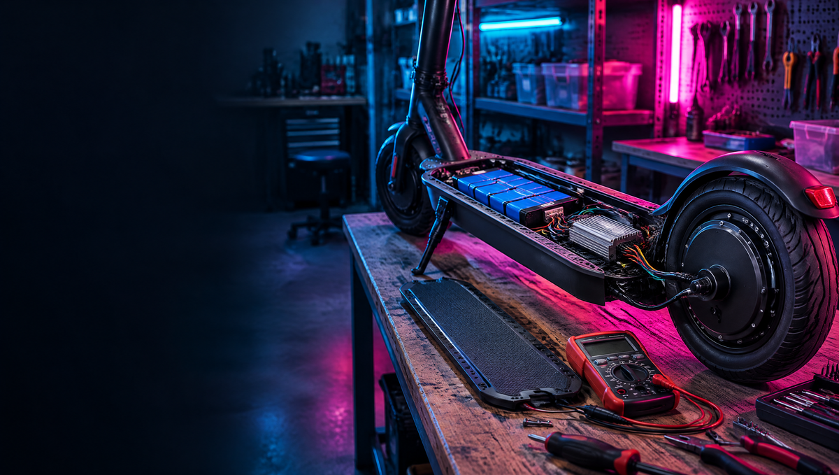 Electric scooter with open deck on a workshop bench