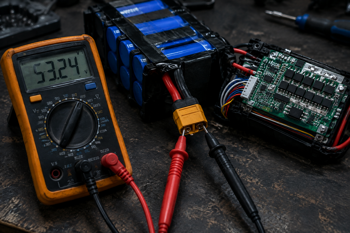 Multimeter testing an electric scooter battery