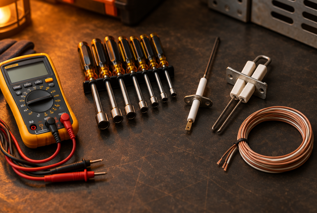 Furnace repair tools on a workbench
