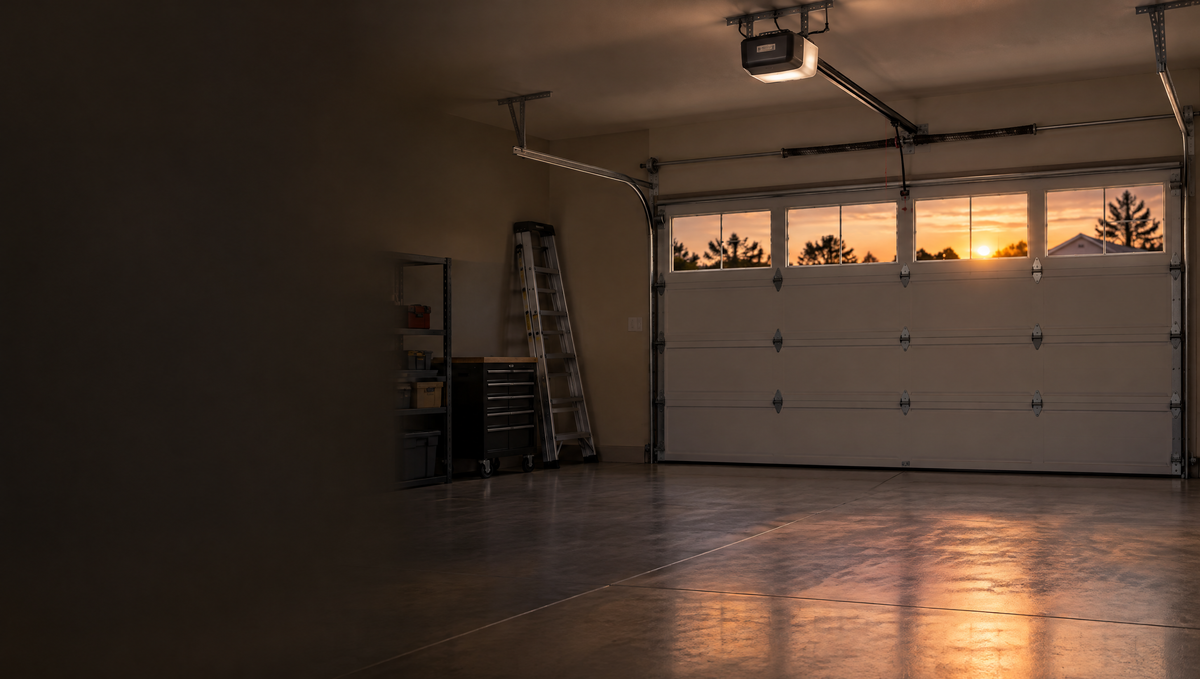 Garage interior with sectional door and opener