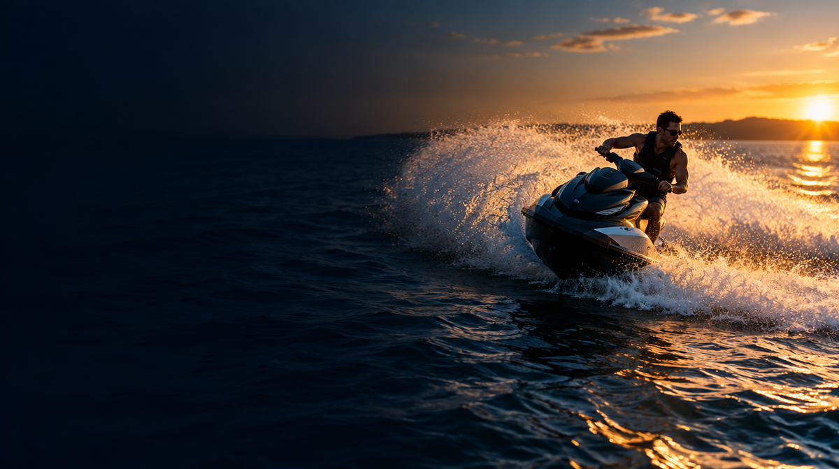 Jet ski carving a turn on open water