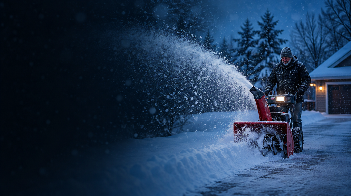Snow blower clearing a snowy driveway at dusk