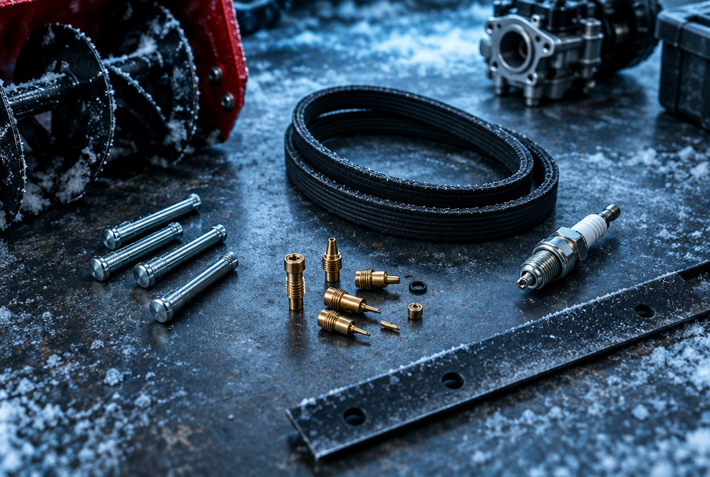 Snow blower repair parts on a workbench