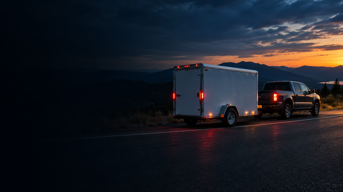 Enclosed utility trailer hitched to a pickup truck at dusk