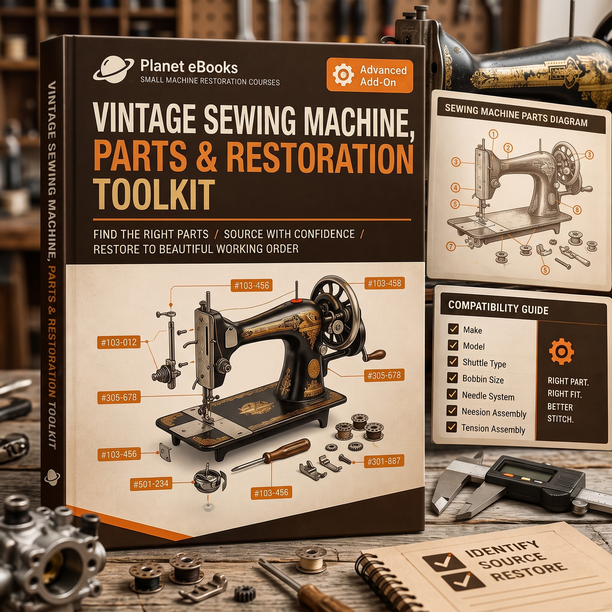 Vintage Sewing Machine Parts and Restoration Toolkit premium book cover